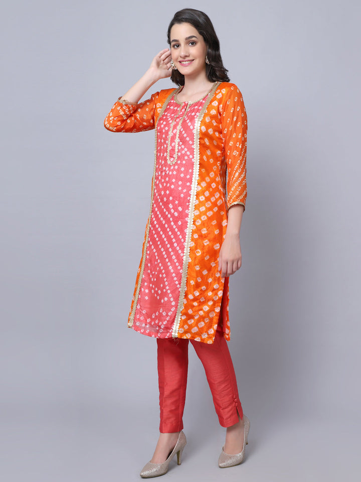 anokherang Combos Festive Orange Coral Bandhani Kurti with Straight Pants