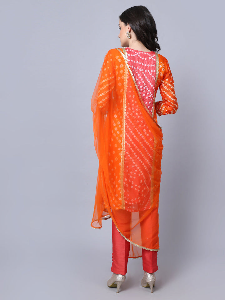 anokherang Combos Festive Orange Pink Bandhani Kurti with Straight Pants and Dupatta