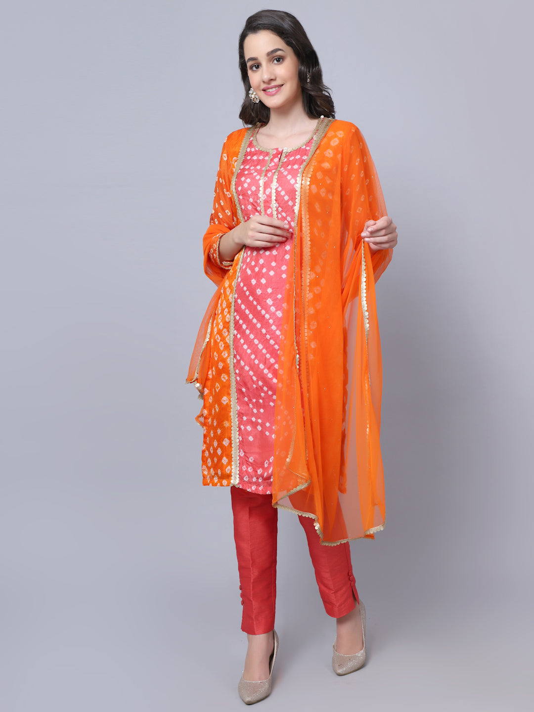 Pink & Orange Chanderi Silk Leheriya Print Kurta | Pink and orange, Orange  suit, Suit fabric