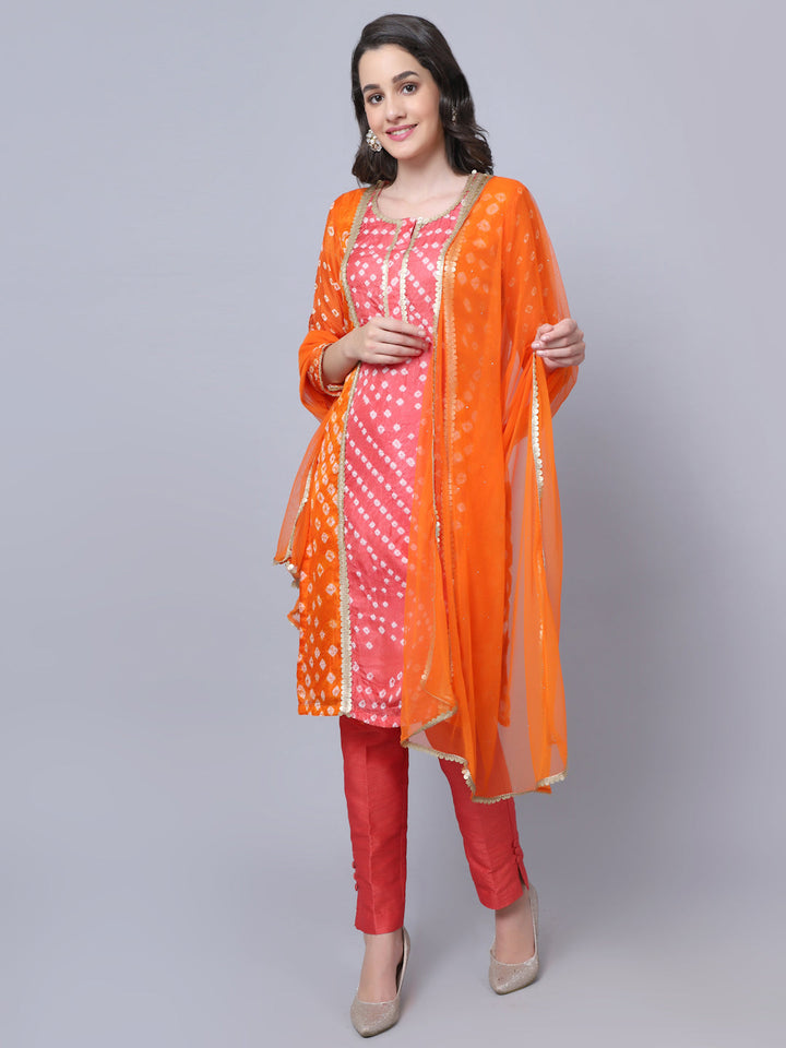 anokherang Combos Festive Orange Pink Bandhani Kurti with Straight Pants and Dupatta