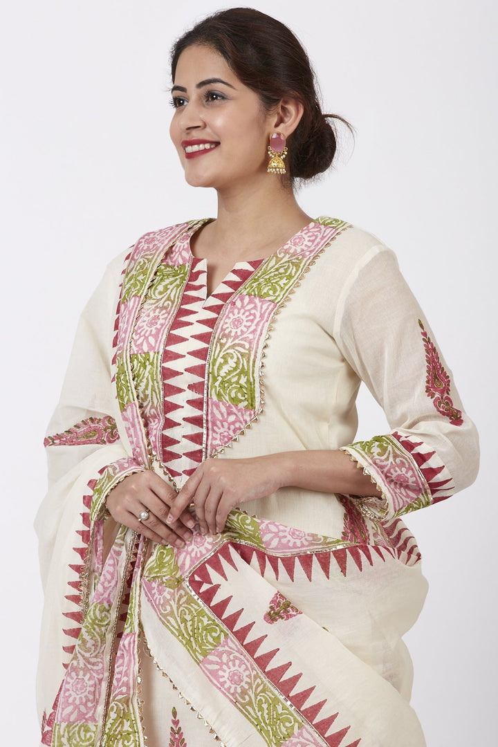 anokherang Combos Festive Pink Green Block Printed Kurti with Gathered Sharara and Block Printed Dupatta