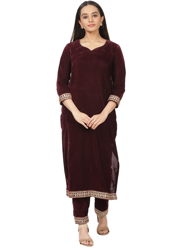 anokherang Combos Festive Wine Velvet Straight Kurti with Straight Pants