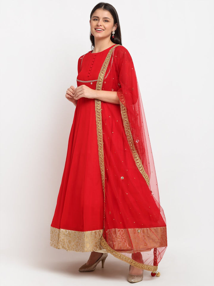 anokherang Combos Fiery Red Georgette Floor Length Kurti with Red Mirror and Stone Dupatta