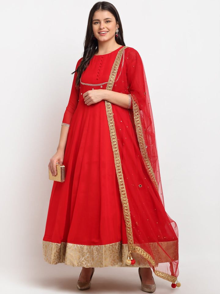 anokherang Combos Fiery Red Georgette Floor Length Kurti with Red Mirror and Stone Dupatta