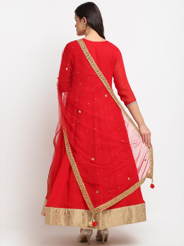 anokherang Combos Fiery Red Georgette Floor Length Kurti with Red Mirror and Stone Dupatta