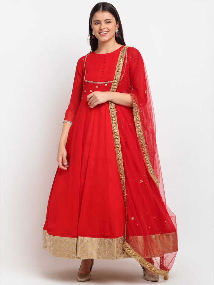 anokherang Combos Fiery Red Georgette Floor Length Kurti with Red Mirror and Stone Dupatta