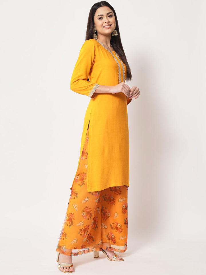 anokherang Combos Floral Mustard Straight Kurti with Floral Palazzo