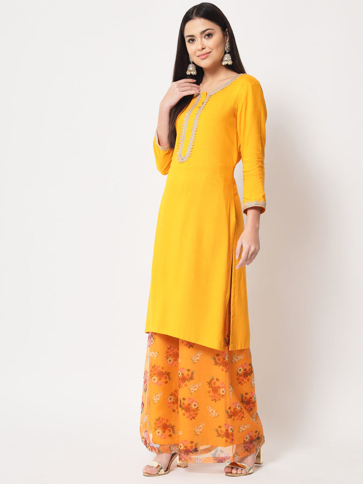 anokherang Combos Floral Mustard Straight Kurti with Floral Palazzo