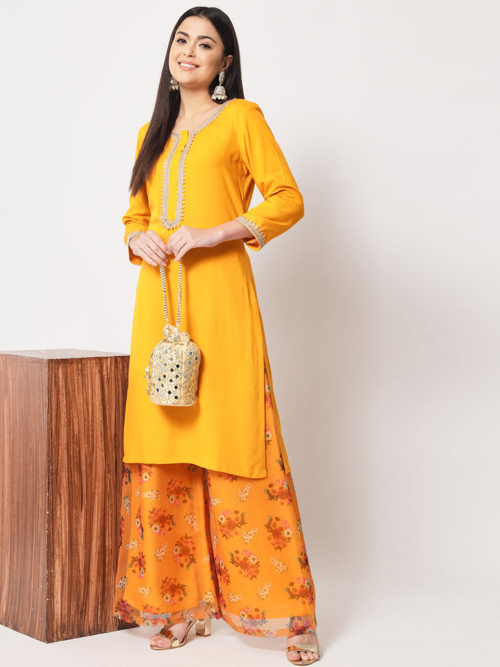 anokherang Combos Floral Mustard Straight Kurti with Floral Palazzo