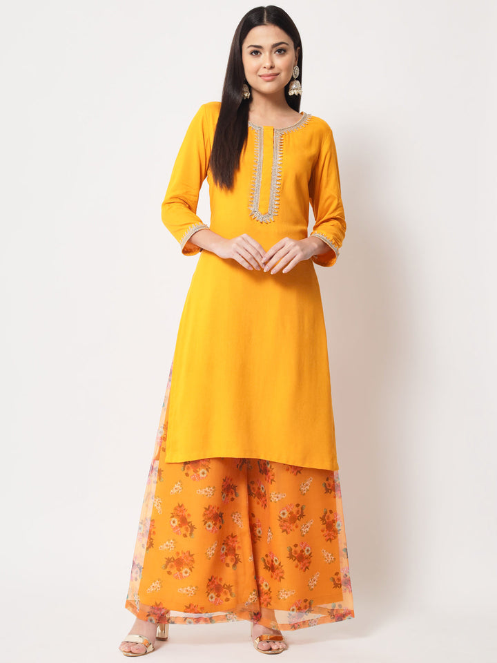 anokherang Combos Floral Mustard Straight Kurti with Floral Palazzo