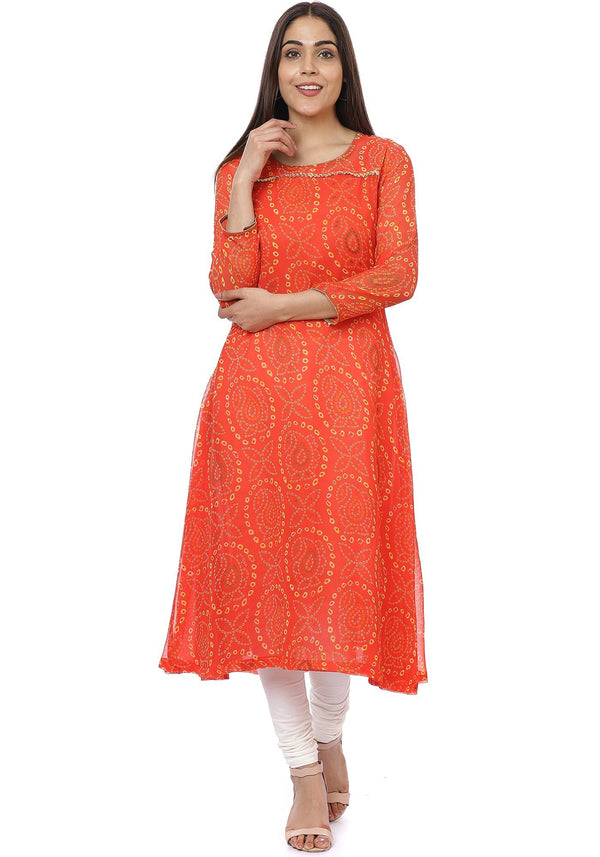 Flying Orange Bandhani Printed Kurti with Off-White Churidaar