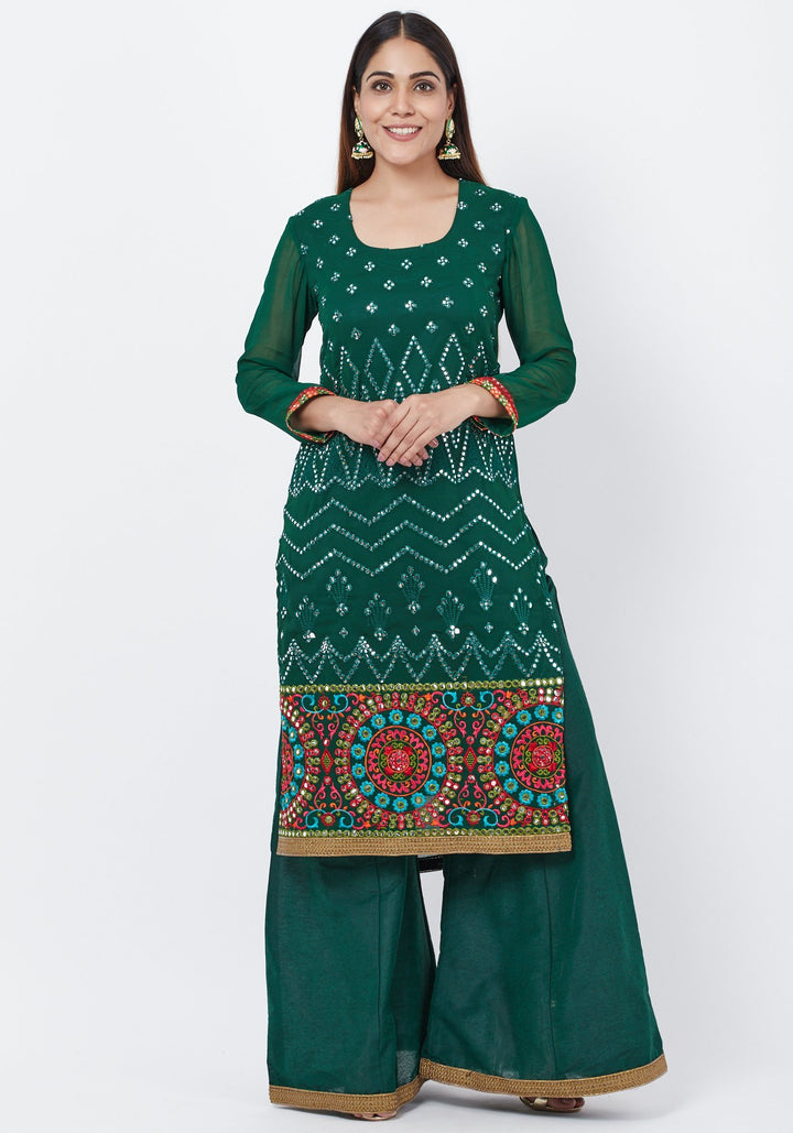 anokherang Combos Forest Green Mirror Embroidered Kurti with Palazzo
