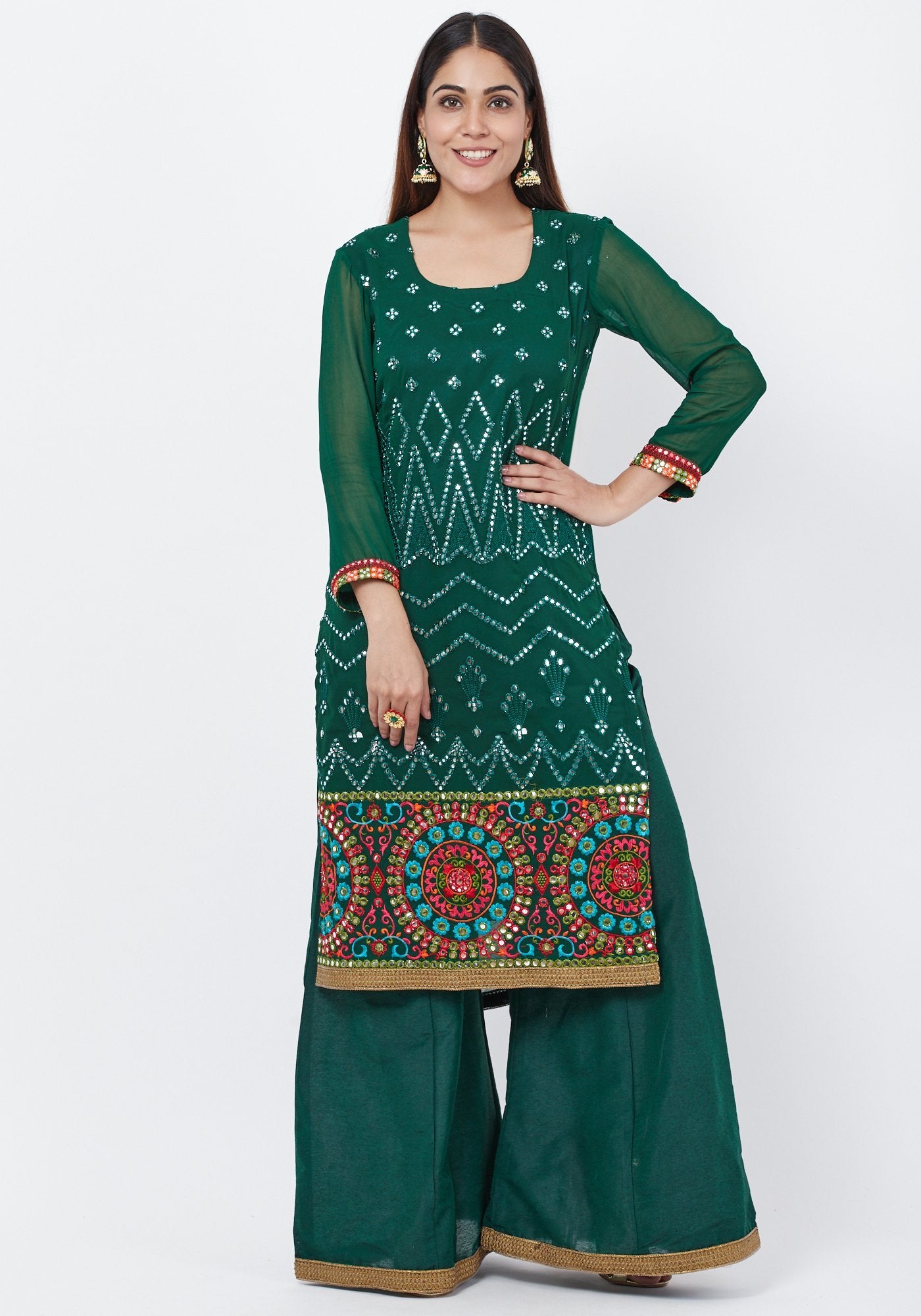 Forest Green Mirror Embroidered Kurti with Palazzo – anokherang