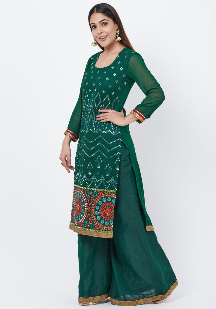 anokherang Combos Forest Green Mirror Embroidered Kurti with Palazzo