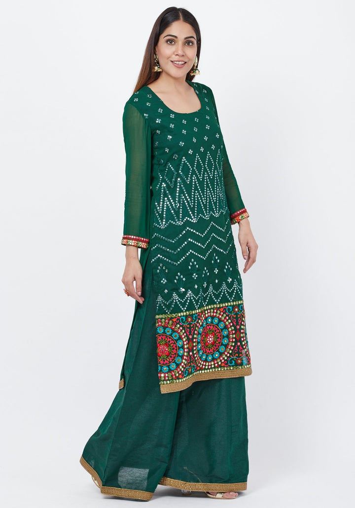 anokherang Combos Forest Green Mirror Embroidered Kurti with Palazzo