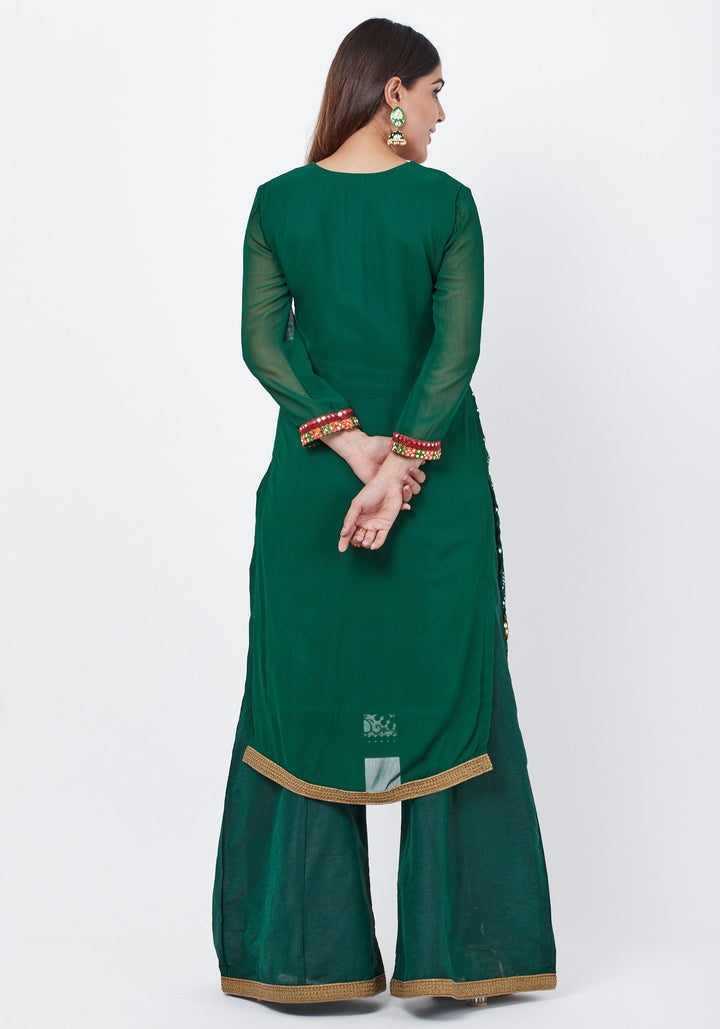 anokherang Combos Forest Green Mirror Embroidered Kurti with Palazzo
