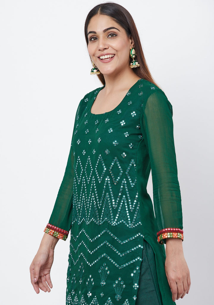 anokherang Combos Forest Green Mirror Embroidered Kurti with Palazzo