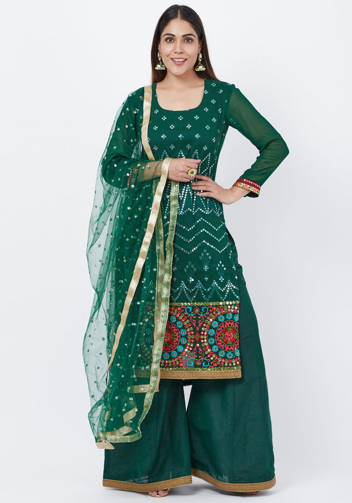 anokherang Combos Forest Green Mirror Embroidered Kurti with Palazzo and Sequenced Dupatta