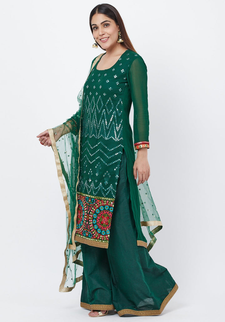 anokherang Combos Forest Green Mirror Embroidered Kurti with Palazzo and Sequenced Dupatta