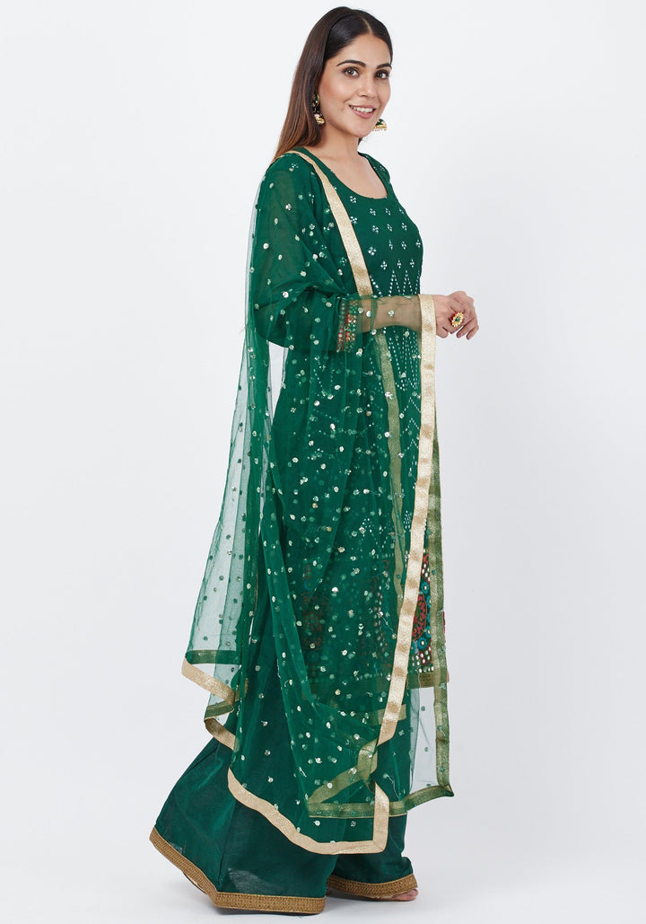 anokherang Combos Forest Green Mirror Embroidered Kurti with Palazzo and Sequenced Dupatta
