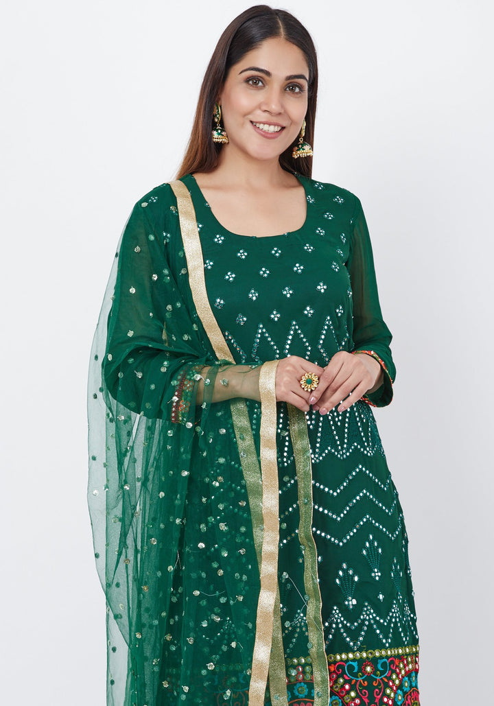 anokherang Combos Forest Green Mirror Embroidered Kurti with Palazzo and Sequenced Dupatta