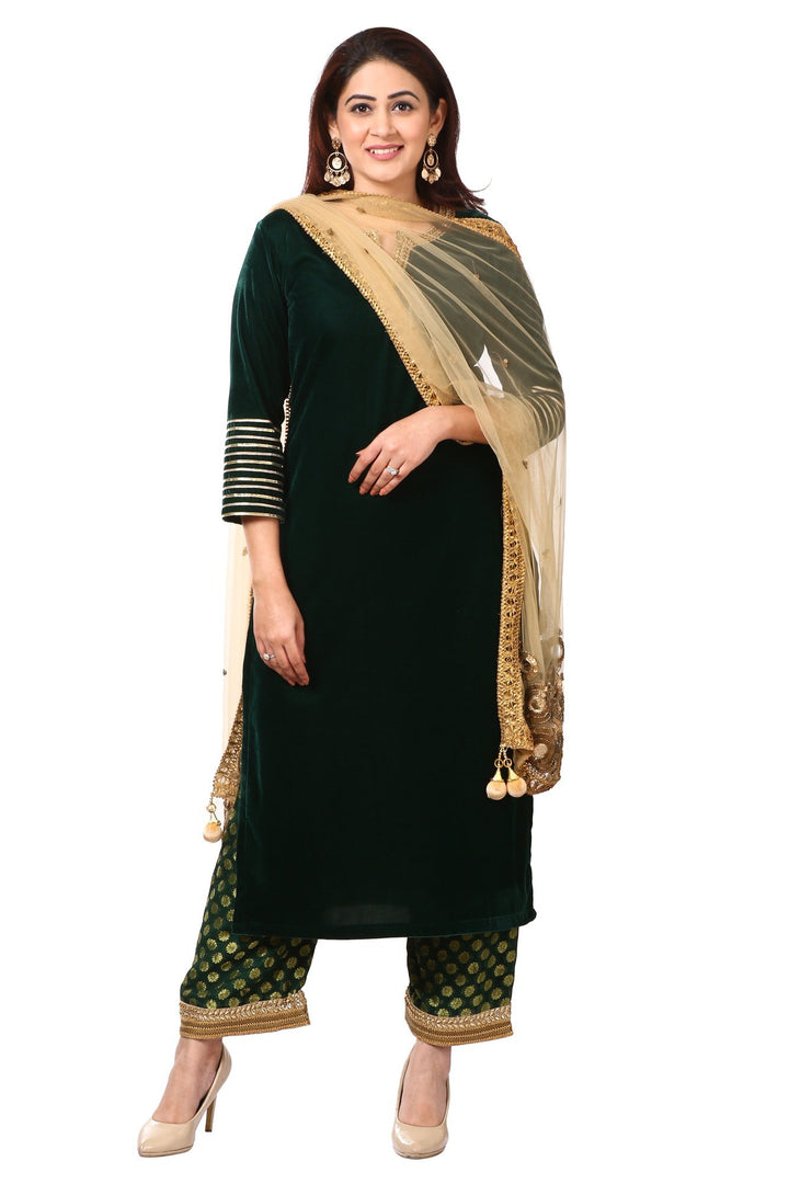 anokherang Combos Forest Green Velvet Kurta with Straight Green Palazzo and Gold Blush mirror dupatta