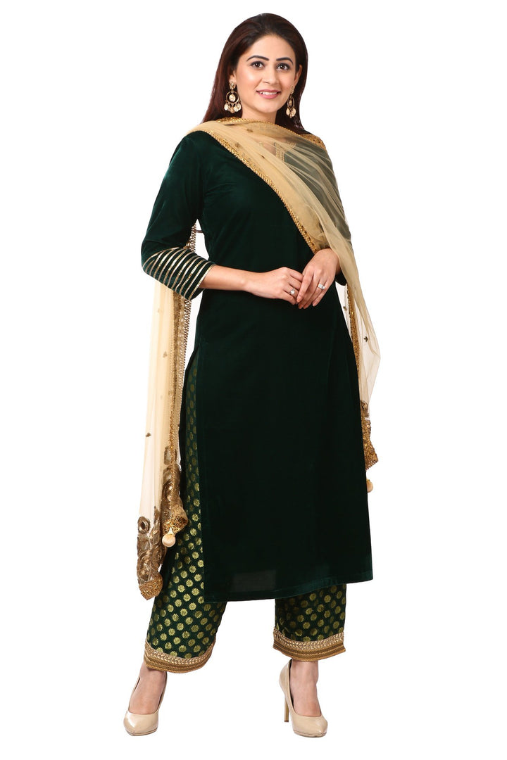 anokherang Combos Forest Green Velvet Kurta with Straight Green Palazzo and Gold Blush mirror dupatta