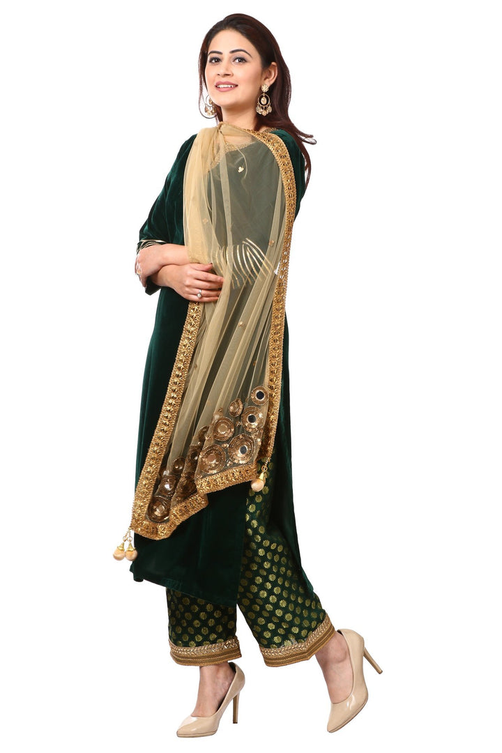 anokherang Combos Forest Green Velvet Kurta with Straight Green Palazzo and Gold Blush mirror dupatta