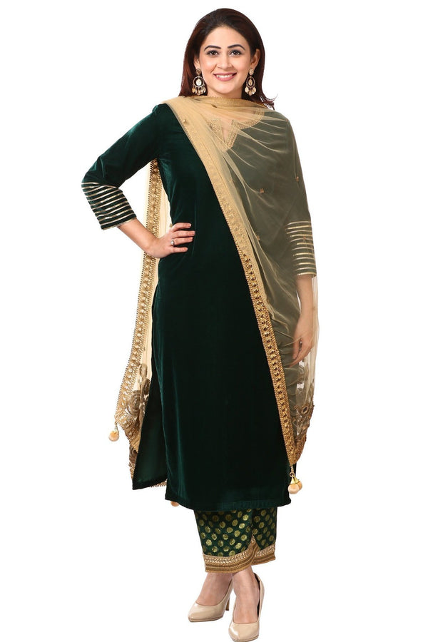 Forest Green Velvet Kurti with Straight Green Banarsi Palazzo and Gold Blush Mirror Dupatta