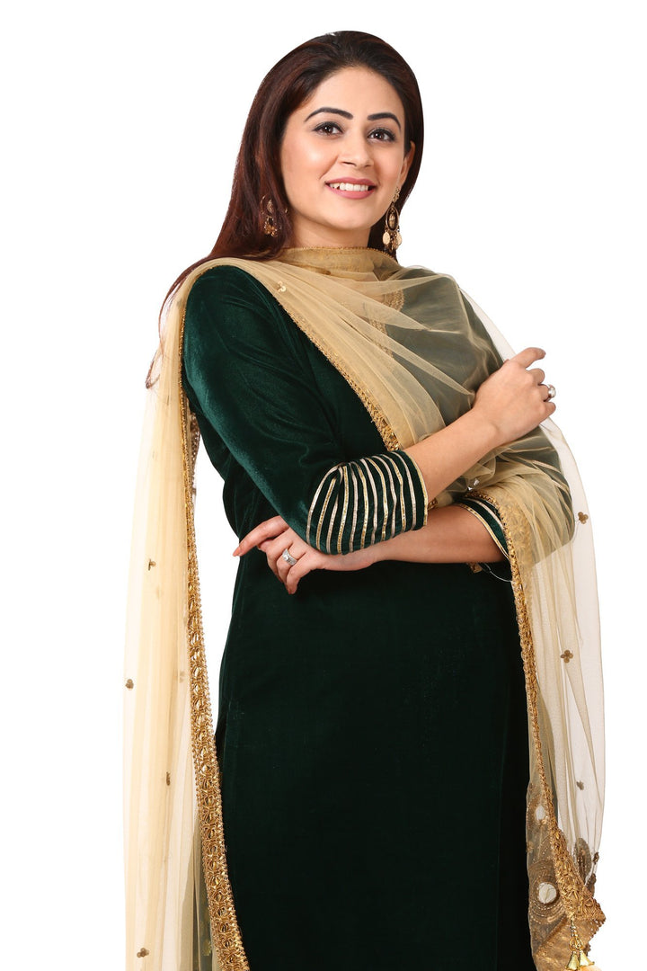 anokherang Combos Forest Green Velvet Kurta with Straight Green Palazzo and Gold Blush mirror dupatta