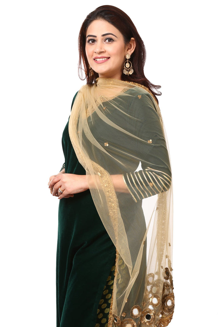 anokherang Combos Forest Green Velvet Kurta with Straight Green Palazzo and Gold Blush mirror dupatta