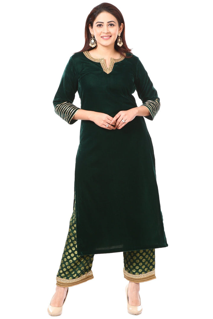 anokherang Combos Forest Green Velvet Kurti with Straight Banarsi Palazzo