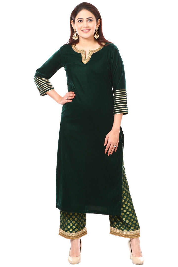 anokherang Combos Forest Green Velvet Kurti with Straight Banarsi Palazzo