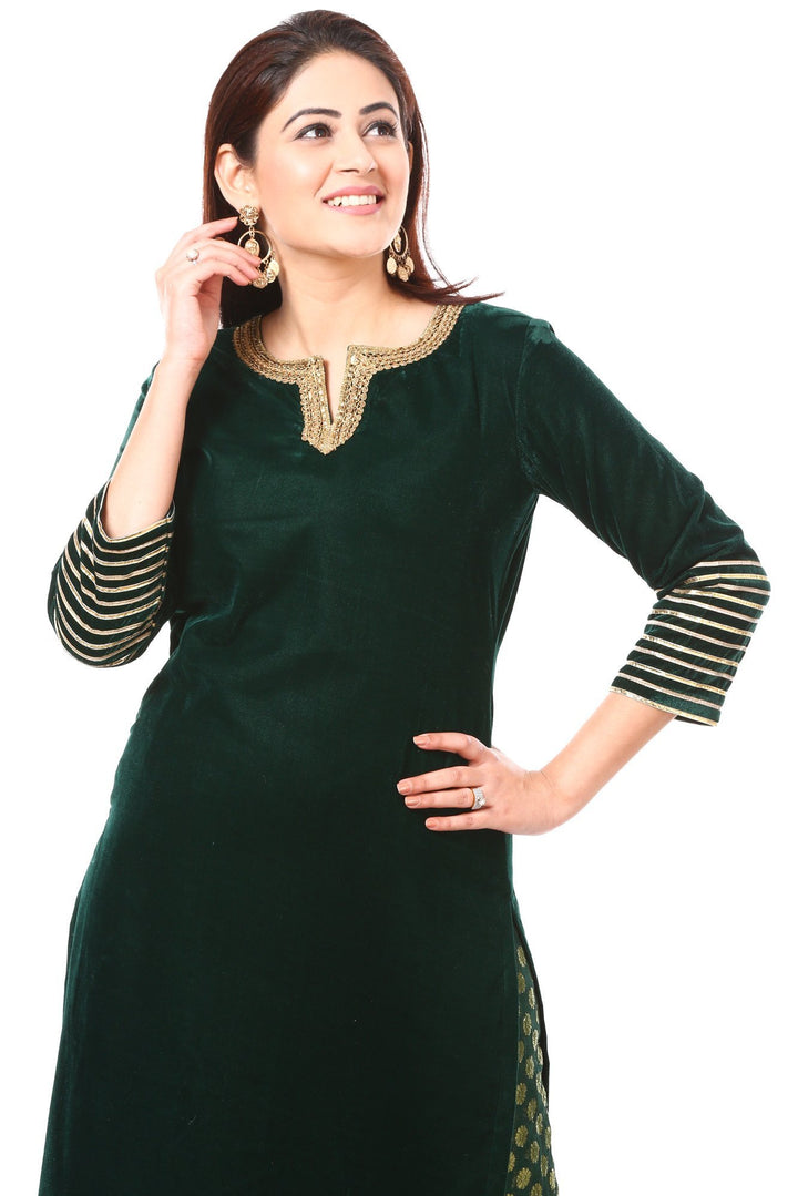 anokherang Combos Forest Green Velvet Kurti with Straight Banarsi Palazzo