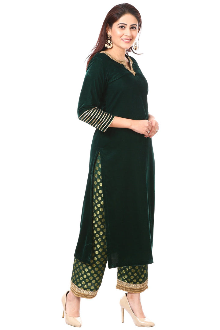 anokherang Combos Forest Green Velvet Kurta with Straight Palazzo