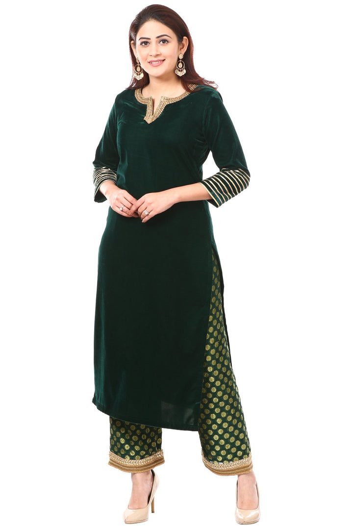 anokherang Combos Forest Green Velvet Kurti with Straight Banarsi Palazzo