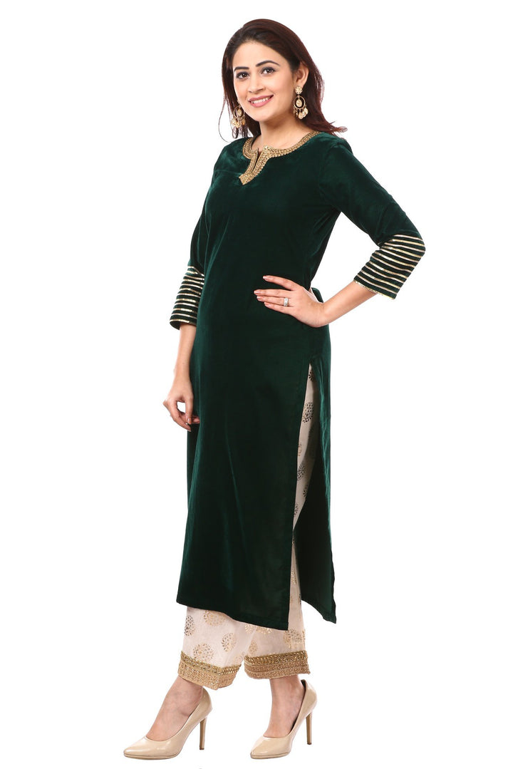 anokherang Combos Forest Green Velvet Kurti with Straight Foil Printed Palazzo