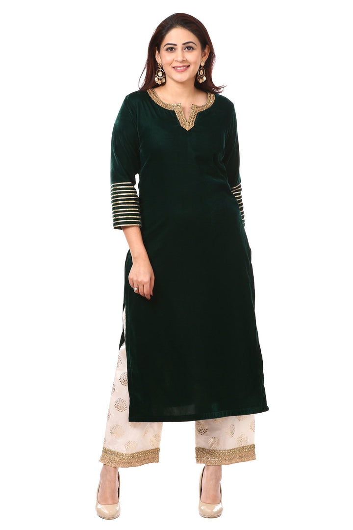 anokherang Combos Forest Green Velvet Kurti with Straight Foil Printed Palazzo