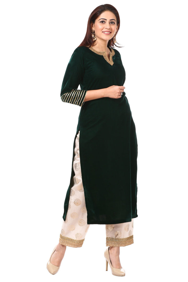 anokherang Combos Forest Green Velvet Kurti with Straight Foil Printed Palazzo