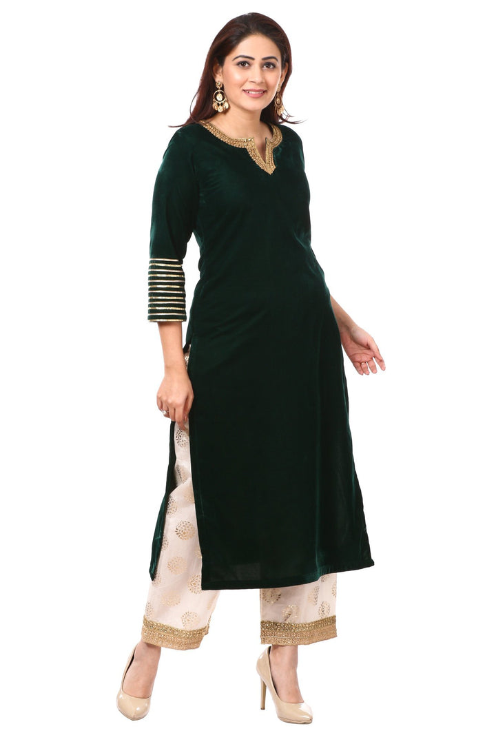anokherang Combos Forest Green Velvet Kurti with Straight Foil Printed Palazzo
