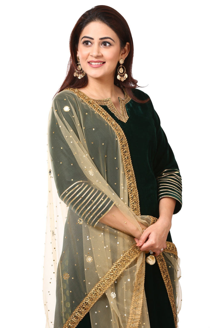 anokherang Combos Forest Green Velvet Kurti with Straight Green Banarsi Palazzo and Gold Mirror Dupatta