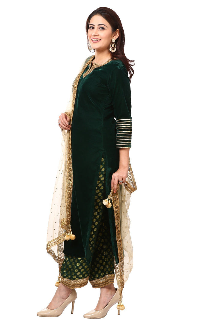 anokherang Combos Forest Green Velvet Kurti with Straight Green Banarsi Palazzo and Gold Mirror Dupatta