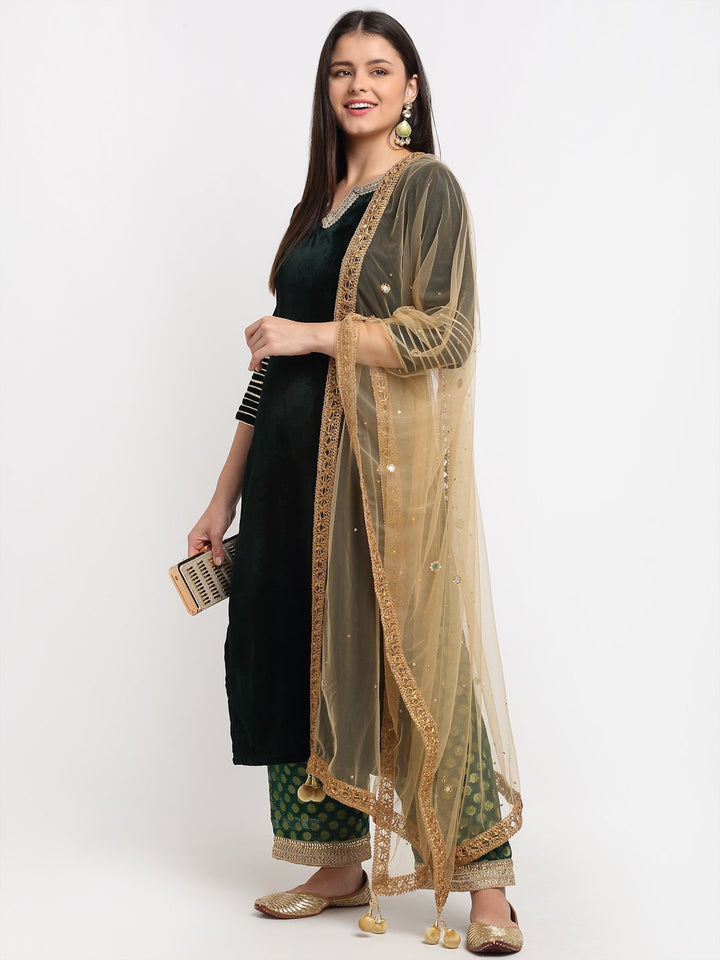 anokherang Combos Forest Green Velvet Kurti with Straight Green Banarsi Palazzo and Gold Mirror Dupatta