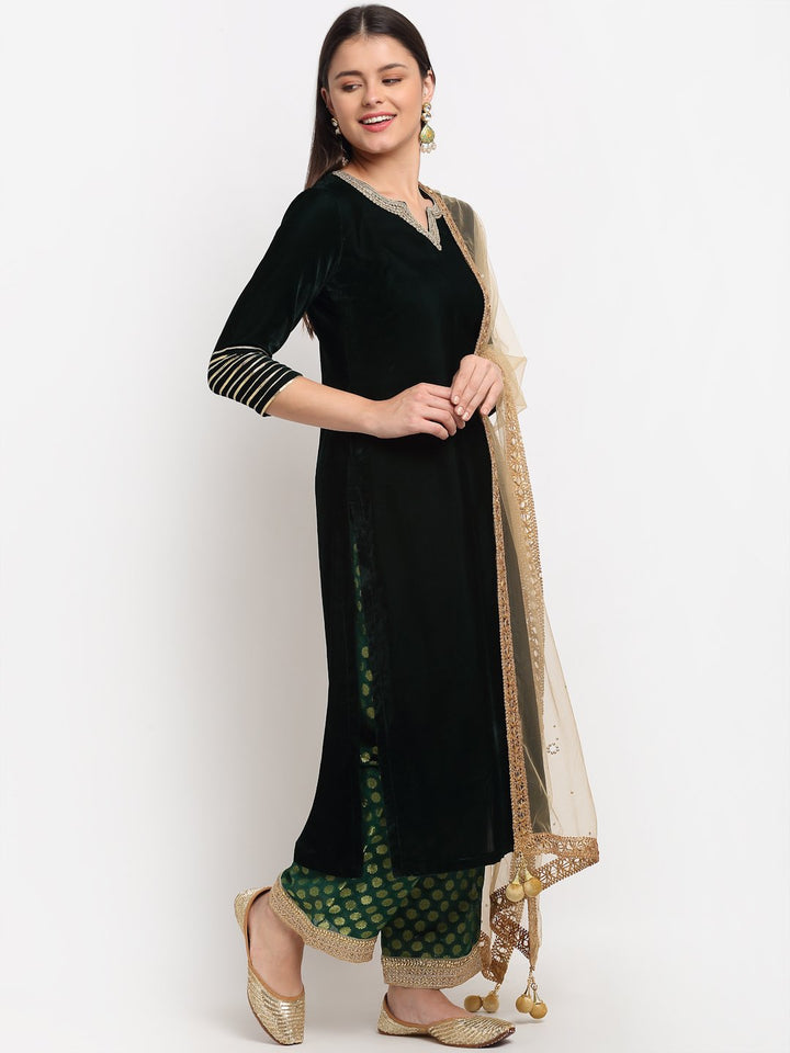 anokherang Combos Forest Green Velvet Kurti with Straight Green Banarsi Palazzo and Gold Mirror Dupatta