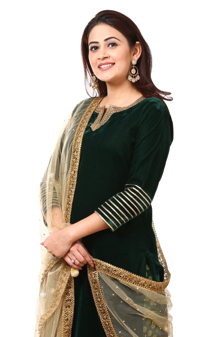 anokherang Combos Forest Green Velvet Kurti with Straight Green Banarsi Palazzo and Gold Mirror Dupatta