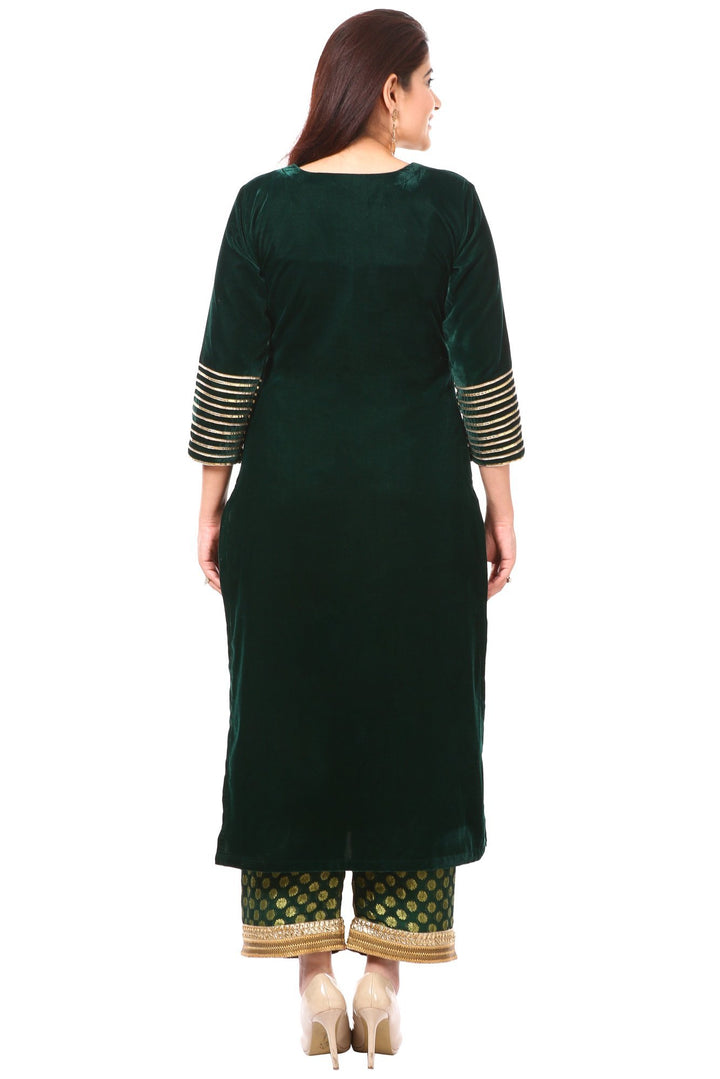 anokherang Combos Forest Green Velvet Kurti with Straight Green Banarsi Palazzo and Gold Mirror Dupatta