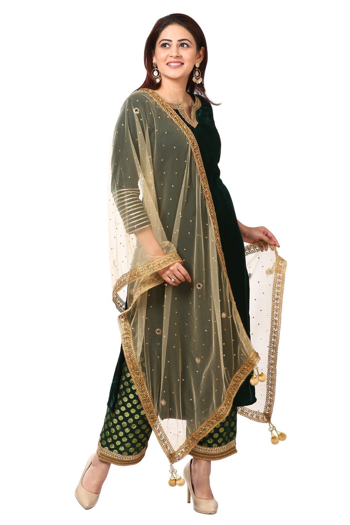 anokherang Combos Forest Green Velvet Kurti with Straight Green Banarsi Palazzo and Gold Mirror Dupatta