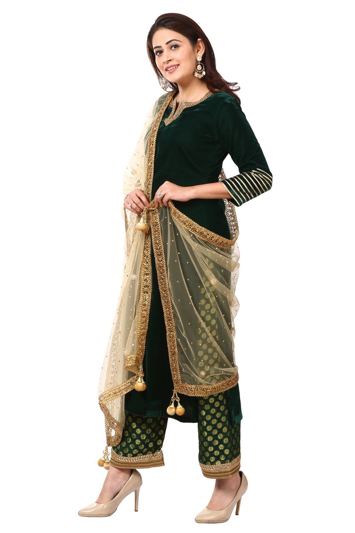 anokherang Combos Forest Green Velvet Kurti with Straight Green Banarsi Palazzo and Gold Mirror Dupatta