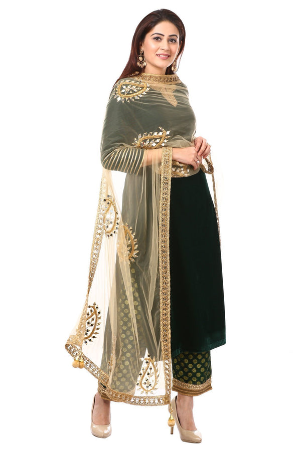 anokherang Combos Forest Green Velvet Kurti with Straight Green Banarsi Palazzo and Gold Paisley Dupatta