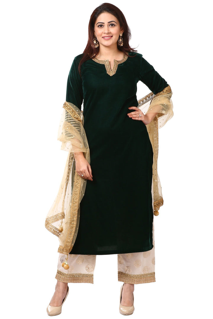 anokherang Combos Forest Green Velvet Kurti with Straight Palazzo and Gold Net Mirror Stone Dupatta